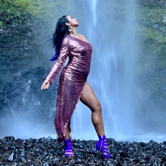 Fashionnova pink sequin maxi dress with slit and asymmetrical neckline - Picture 2 of 4